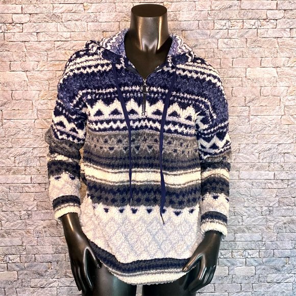 Como Vintage Sweaters - Como Vintage Faux Sherpa Hoodie Size Small Warm Cozy Aztec Print Hooded Sweater